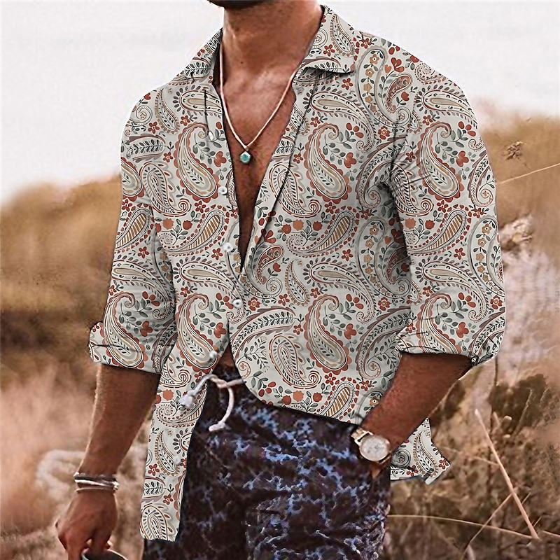 Men's Floral Shirt Boho Shirt Button Up Shirt Long Sleeve Tropical Sports Streetwear Outdoor Casual Daily Fall & Winter Turndown Print Button-Down Apricot Pink
