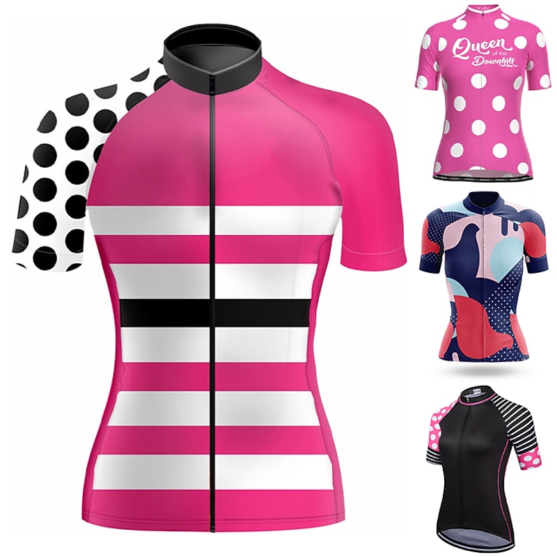 Women's Cycling Jersey Polka Dot Stripes Short Sleeve Bike Top with 3 Rear Pockets Mountain Bike MTB Road Bike Cycling Quick Dry Reflective Strips Back Pocket Moisture Wicking Sports Black Pink Red
