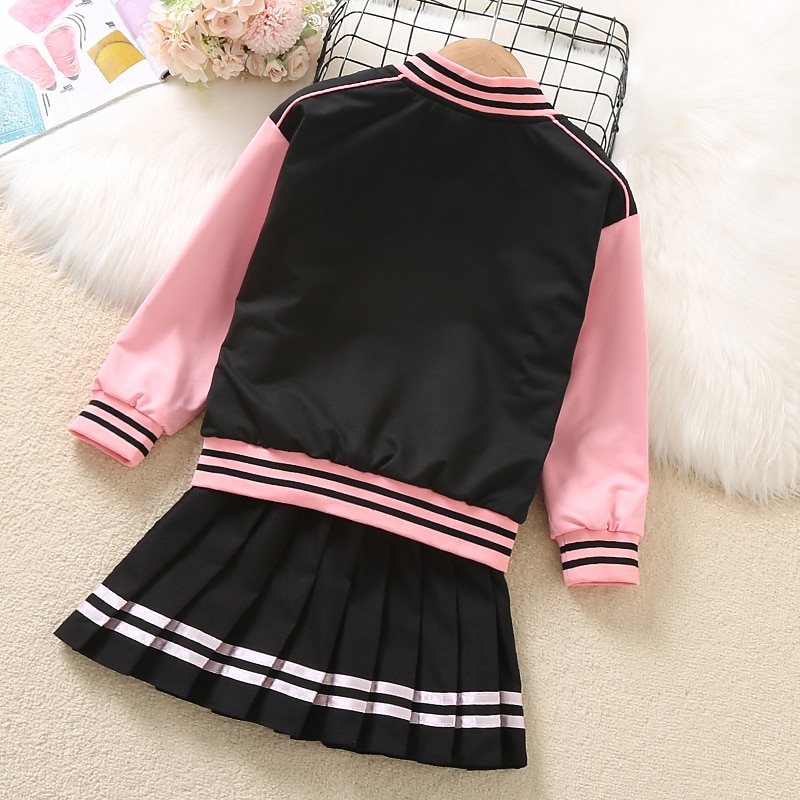 2 Pieces Kids Girls' Children's Day Graphic Pleated Dress Suits Set Long Sleeve Fashion School 7-13 Years Winter White Pink4