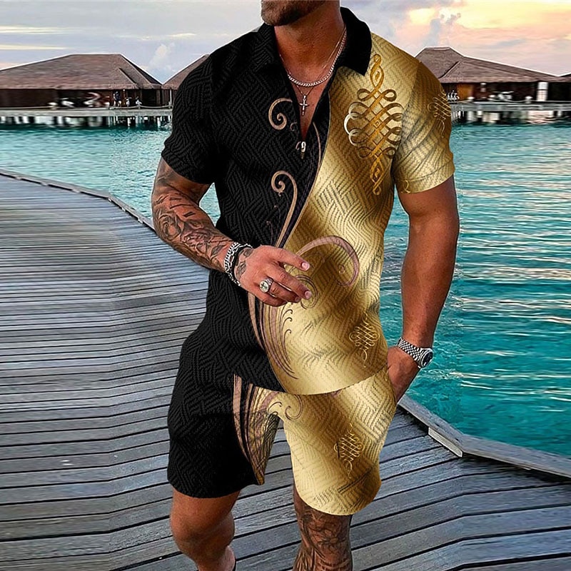 Men's Geometry Polo Shirts Golf Shirt Polo Set Short Sleeve Shirt Turndown Street Casual Black Yellow Blue Light Blue Zipper 2 Piece Clothing Apparel Fashion Designer Casual Breathable