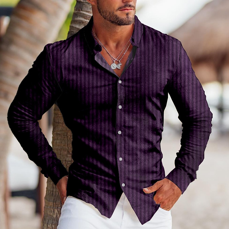 Men's Shirt Dress Shirt Striped Outdoor Casual Blue Dark Green Purple Brown Long Sleeve Turndown Fall & Winter Clothing Apparel Print4
