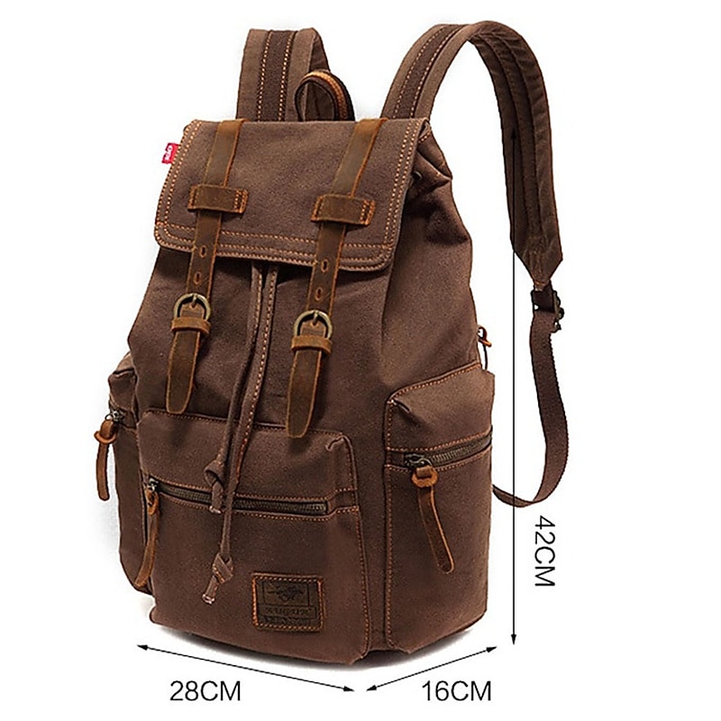 Men's Vintage Canvas Backpack with Leather Straps and Drawstring Closure – Durable Travel Rucksack for Hiking, School, or Daily Use3