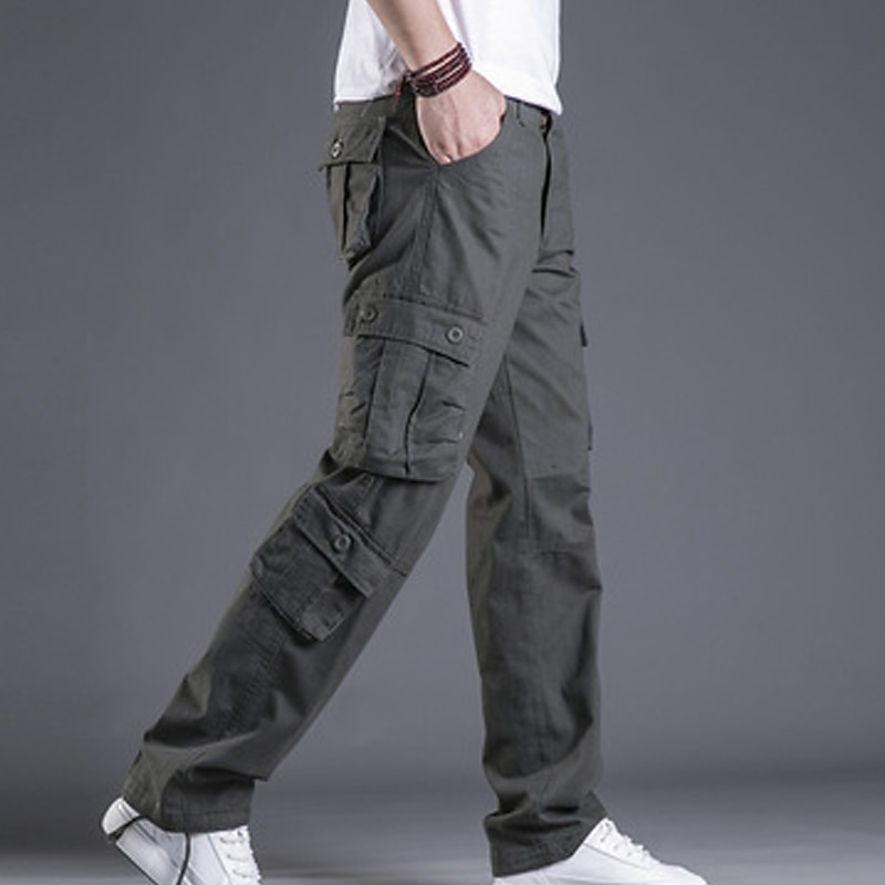 Men's Cargo Pants Trousers Leg Drawstring 8 Pocket Solid Color Comfort Outdoor Daily Streetwear Grass Green Black3
