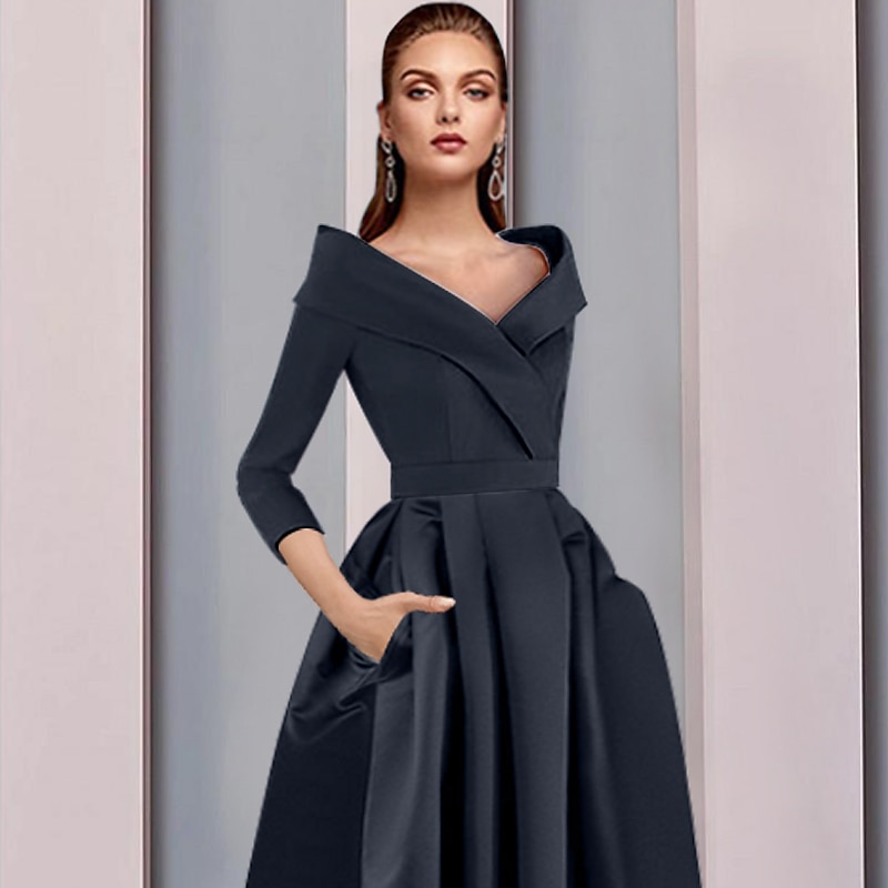 A-Line Mother of the Bride Dress Tuxedo Dress Wedding Guest Elegant High Low Sweet Spaghetti Strap Asymmetrical Tea Length Satin 3/4 Length Sleeve with Pleats3