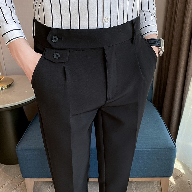 Men's Graduation Dress Pants Trousers Pleated Pants Cuffed Dress Pants Pocket Expandable Waist Plain Comfort Breathable Wedding Business Casual Fashion Simple Black Green Micro-elastic2