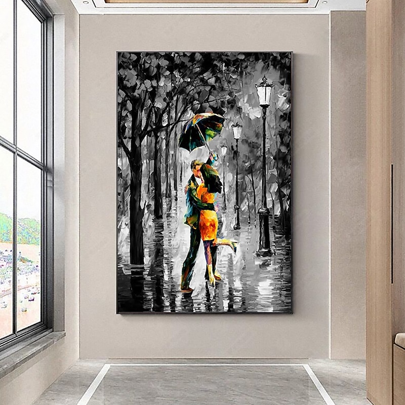 Handmade Oil Painting Canvas Acrylic Wall Art Decoration Modern  Black and White Knife Painting of a Romantic Rainy Street Scene for Home Decor Rolled Frameless Unstretched Painting3
