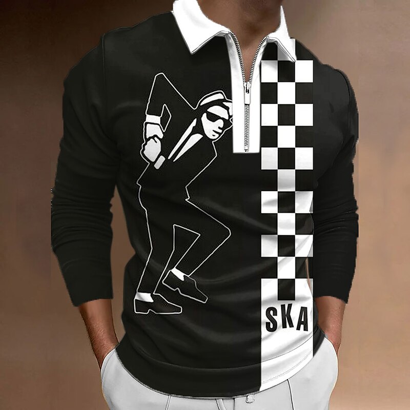 Music Festival Men's Plaid Music Zip Polo Shirts Golf Shirt Long Sleeve Polo Shirts Collared Shirts Casual Vacation Wear Festival Wear Party Outfits 3D Print Quarter Zip Polo A B C4