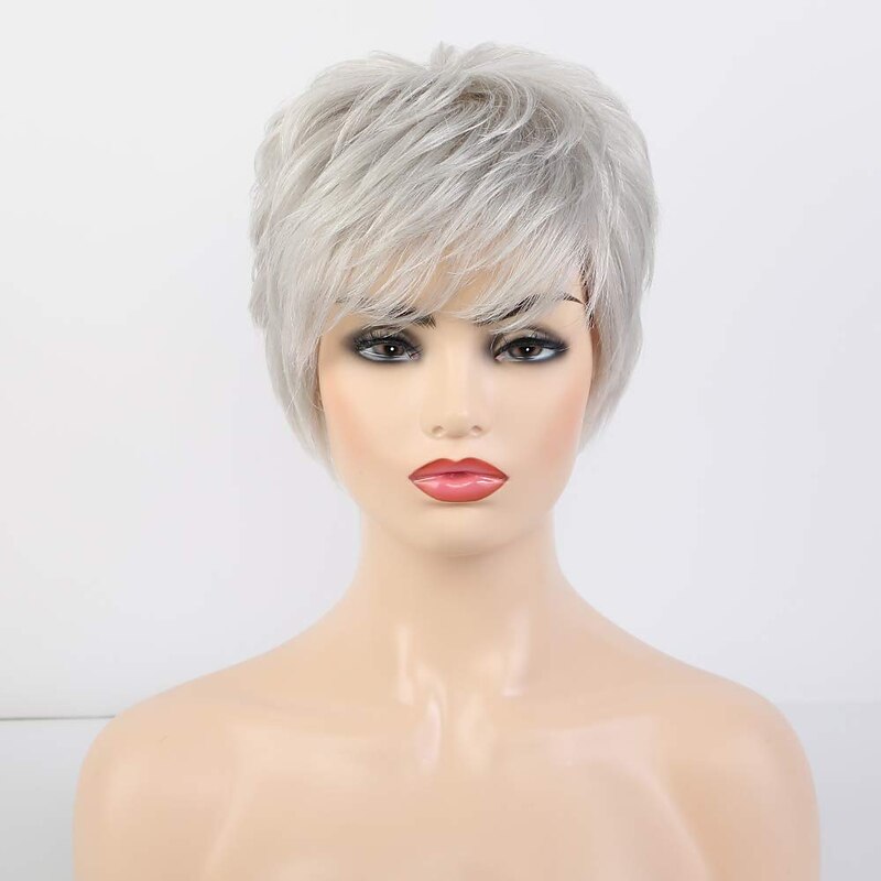 Short Grey Wigs for White Women Mixed Gray Silver Curly Wavy Wigs with White Bangs Grandma Synthetic Short Hair Wigs4