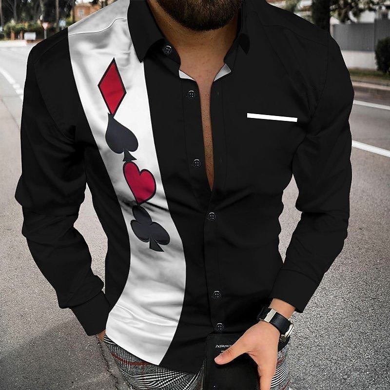 Men's Geometric Pattern Poker Shirt Bowling Shirt Button Up Shirt Long Sleeve Fashion Designer Casual Outdoor Casual Daily Fall & Winter Turndown Print Button-Down Black / Red Black-White Black Red