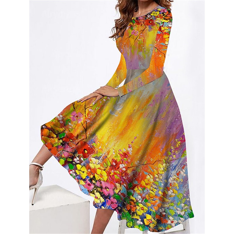 Women's Midi Dress Casual Dress Winter Dress Swing Dress Shift Dress Fashion Streetwear Modern Formal Outdoor Party Regular Fit Floral Long Sleeve Crew Neck Yellow Summer Spring