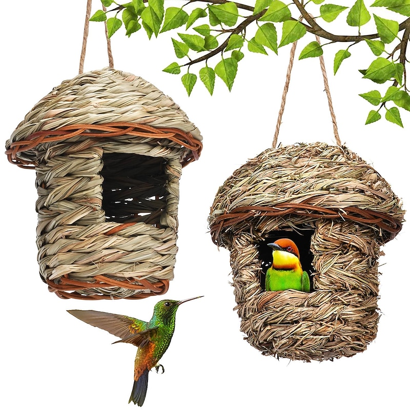 Bird House for Outside Hanging,Grass Handwoven Bird Nest,Hummingbird House,Natural Bird Hut Outdoor,Birdhouse for Kids,Songbirds House