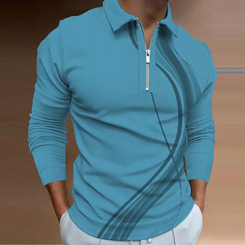 Men's Geometric Zip Polo Shirts Golf Shirt Long Sleeve Polo Shirts Collared Shirts Business Casual Vacation Wear Formal Wear Festival Wear 3D Print Quarter Zip Polo Yellow Blue Purple3