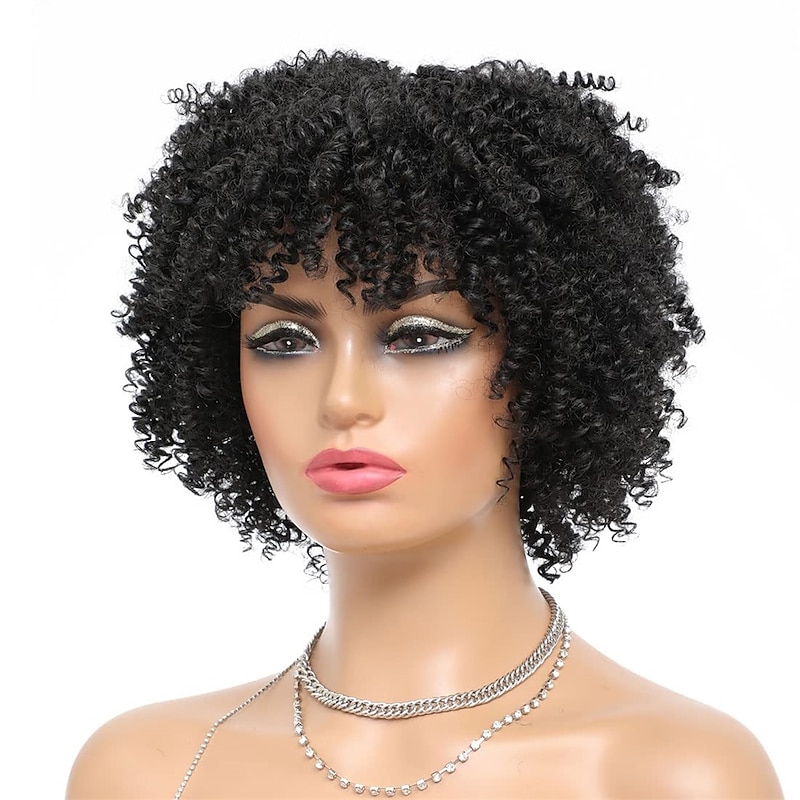 Short Curly Afro Wig with Bangs Afro Kinky Curly Wigs for Black Women No Glue Synthetic Full Wig Heat Resistant Soft Curly Replacement Wigs4