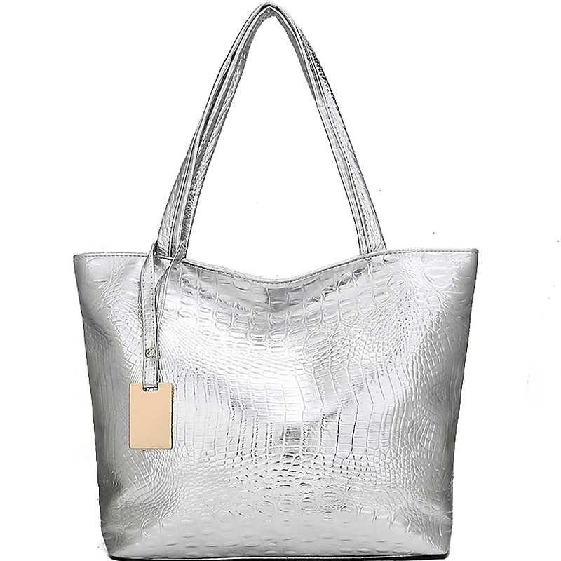 Women's Silver Croc Embossed Tote Bag | Large Capacity Faux Leather Shoulder Handbag for Everyday and Office Use – Stylish and Versatile2