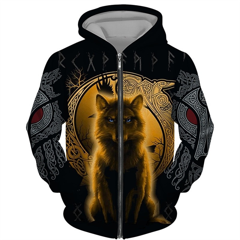 Men's Animal Wolf Graphic Prints Hoodie Hoodies Sweatshirt Streetwear Designer Long Sleeve Hooded Sports & Outdoor Daily Sports Black Yellow Zipper Print Spring &  Fall Designer4