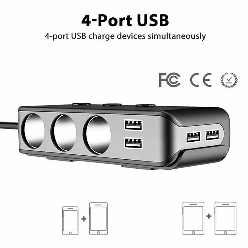 Quick Charge 3.0 Cigarette Lighter Splitter 4 USB Ports 120W Car Charger 12V/24V Universal 3 Socket Power Adapter with 3 Switch4