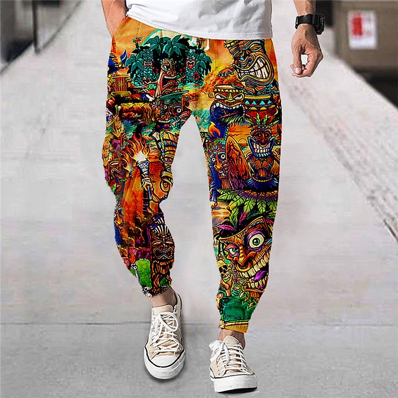 Men's Joggers Trousers Summer Pants Beach Pants Drawstring Elastic Waist Cartoon Graphic Prints Flower / Floral Comfort Breathable Sports Outdoor Casual Daily Streetwear Designer Red Orange