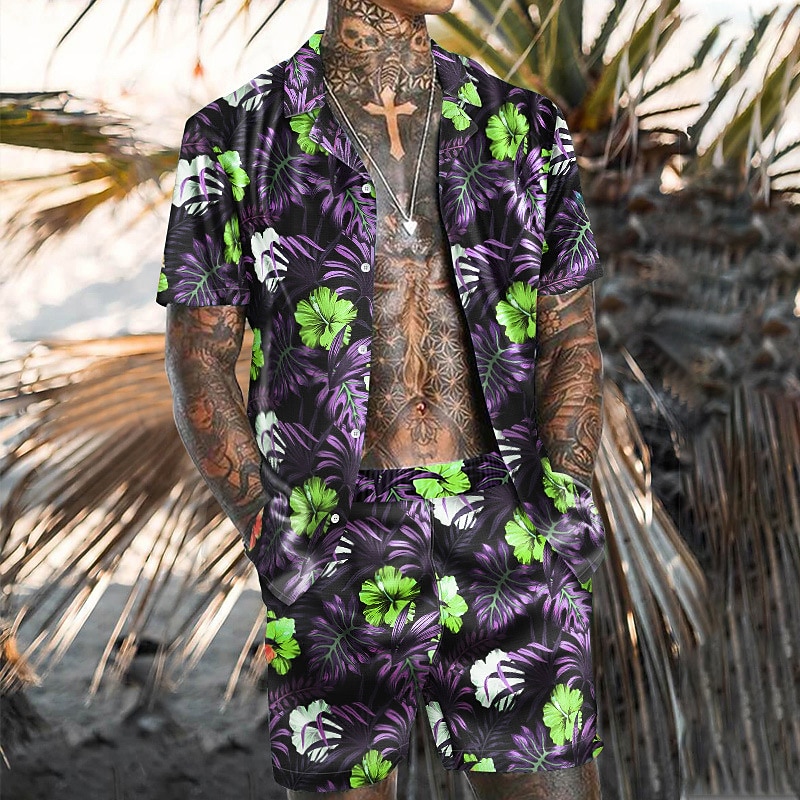 Men's Floral Tropical Flowers Tropical Plants 2pcs Shirts Sets Summer Hawaiian Shirt Short Sleeve Short Pants Turndown Fashion Hawaiian Designer Outdoor Vacation Casual 3D Print Button-Down Summer4
