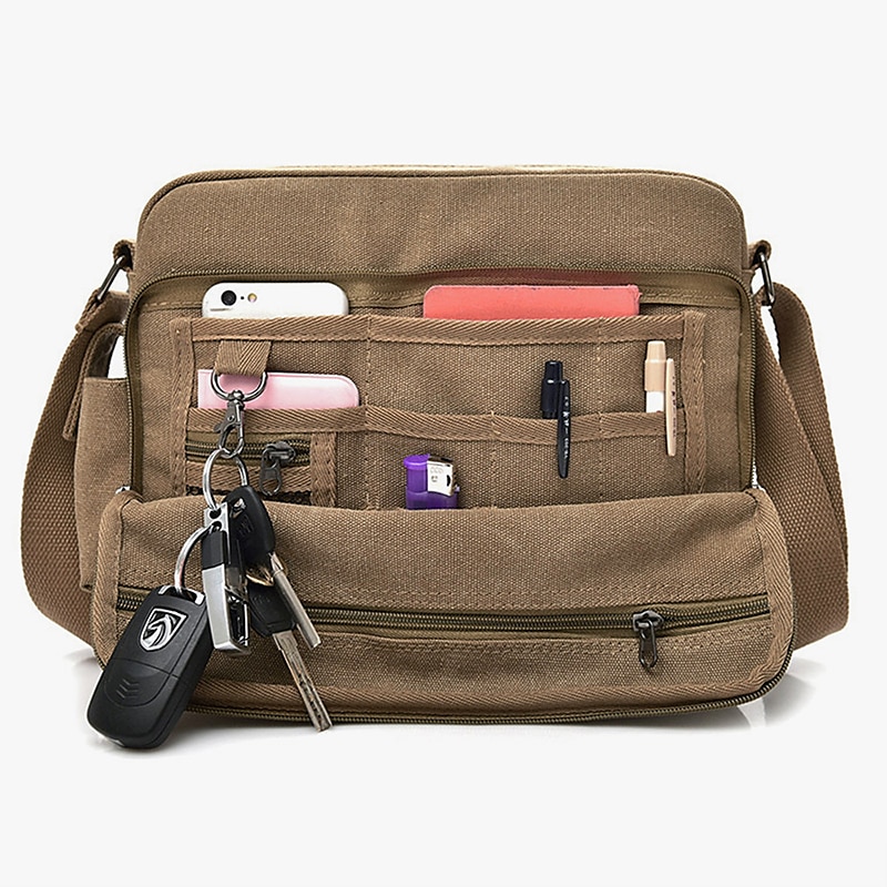 Men's Brown Canvas Messenger Bag with Multiple Pockets and Adjustable Strap for Travel and Daily Use2