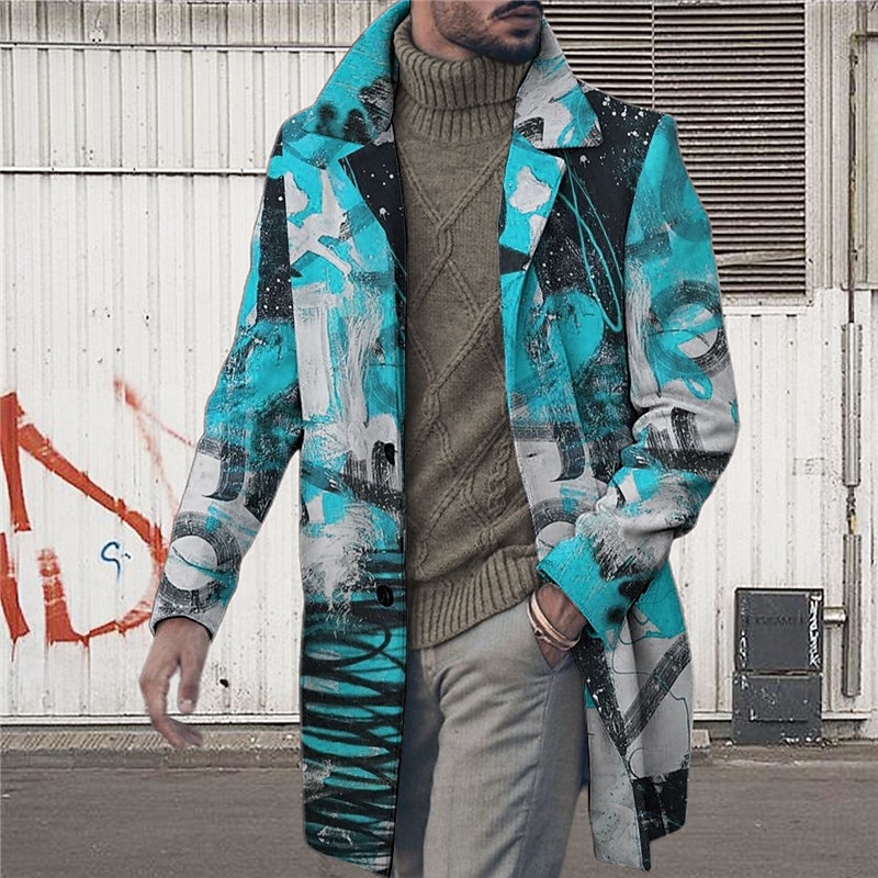 Men's Graphic Prints Graffiti Winter Coat Overcoat Coat Warm Comfortable Breathable Fashion Streetwear Business Work Wear to work Going out Pocket Print Fall & Winter Turndown Long Sleeve Red Blue3