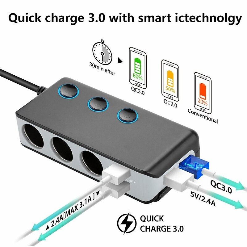 Quick Charge 3.0 Cigarette Lighter Splitter 4 USB Ports 120W Car Charger 12V/24V Universal 3 Socket Power Adapter with 3 Switch2