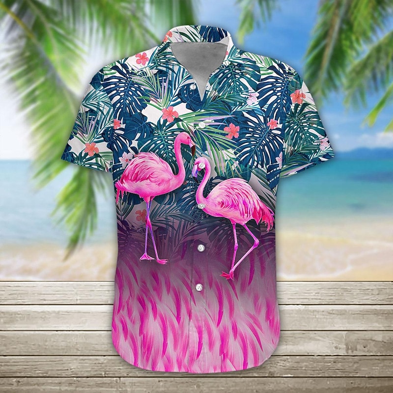 Men's Floral Flamingo Tropical Shirt Summer Hawaiian Shirt Aloha Shirt Short Sleeves Shirt Turndown Designer Casual Soft Outdoor Casual Daily Pink Navy Blue Blue S M L