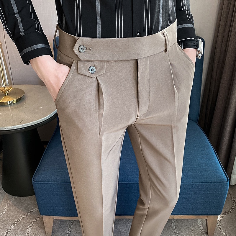 Men's Graduation Dress Pants Trousers Pleated Pants Cuffed Dress Pants Pocket Expandable Waist Plain Comfort Breathable Wedding Business Casual Fashion Simple Black Green Micro-elastic