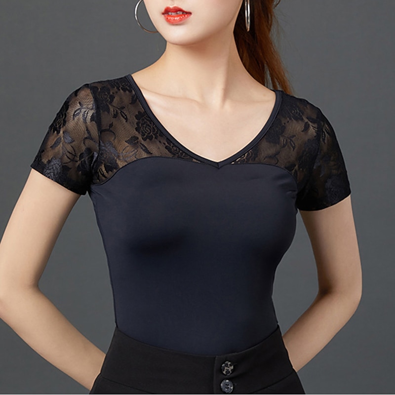 Latin Dance Activewear Top Lace Ruching Pure Color Women's Performance Training Short Sleeve High Polyester