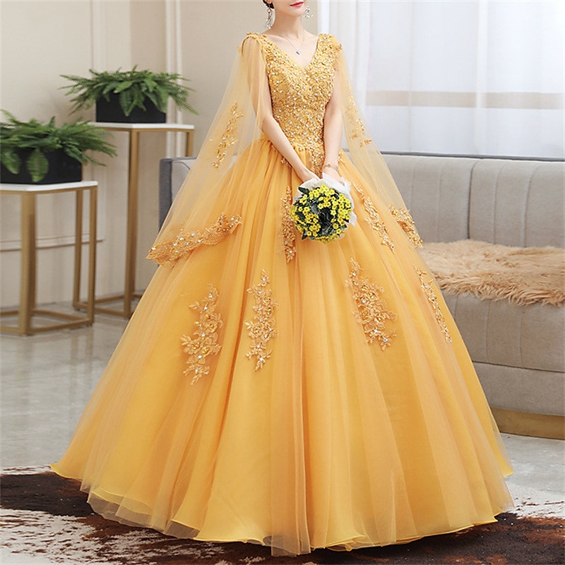 Ball Gown Quinceanera Dresses Princess Dress Sweet 16 Floor Length Short Sleeve V Neck Tulle with Appliques  dress to impress4