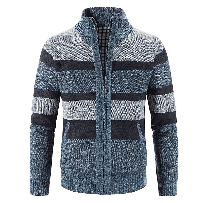 Men's Sweater Cardigan Sweater Zip Sweater Sweater Jacket Ribbed Knit Knitted Color Block Stand Collar Fashion Casual Sports Daily Wear Clothing Apparel Fall & Winter Navy Blue Blue M L XL3