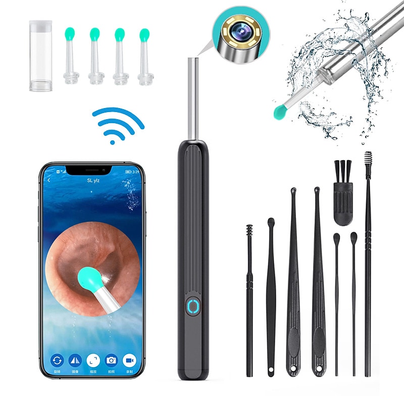 Rechargeable Ear Wax Removal Endoscope Kit with 5 Scoops, 8 Picks, and 1080P Camera, 1296P FHD Wireless Ear Otoscope with 6 LED 3.6mm Visual Ear Scope Camera