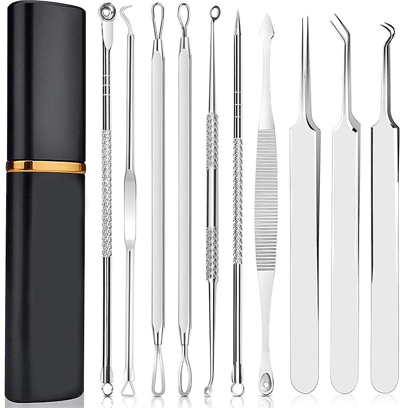 Blackhead Remover Pimple Popping Tool Kit, Boxoyx 10Pcs Professional Pimple Comedone Extractor Popper Tool Acne Removal Kit-Treatment for Pimple, Blackhead, Zit Removing, Forehead,Facial&Nose (Silver)