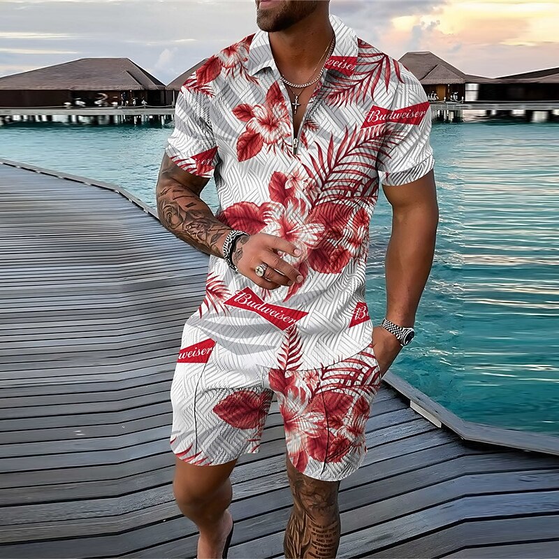 Men's Floral Graphic Skull Leaves Polo Shirts Hawaiian Polo Shirts Golf Shirt Polo Set Short Sleeve Shirt Turndown Street Casual Black White Wine Red Zipper Print Clothing Apparel Fashion Designer4