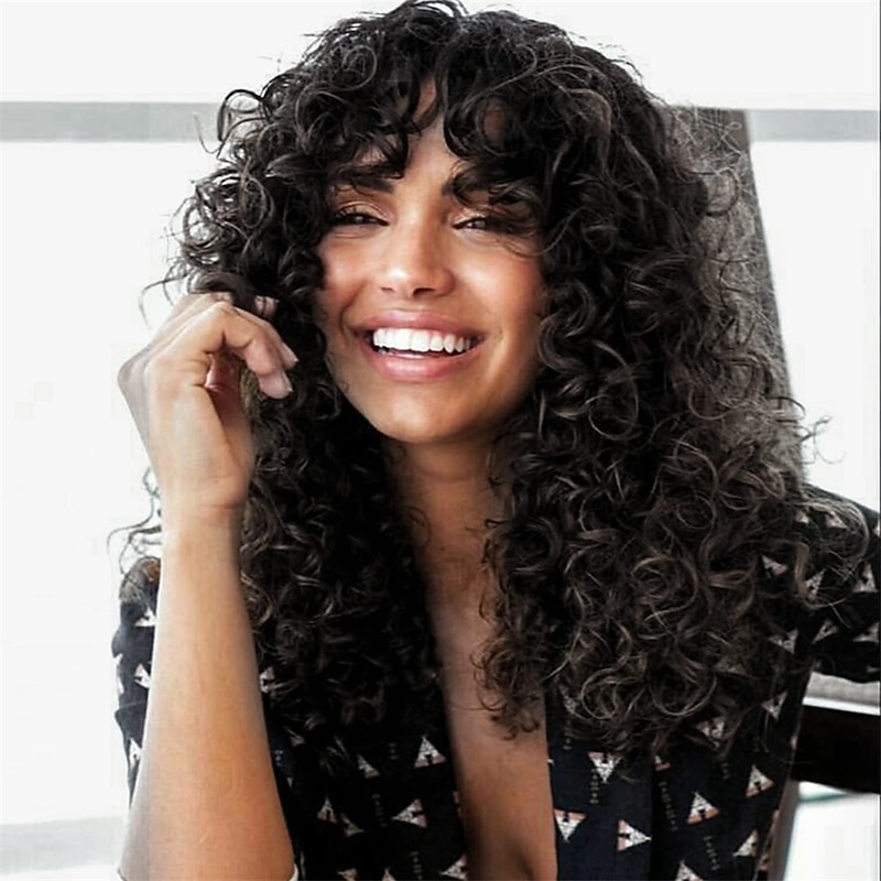 Curly Wig with Bangs for Women-LONAI Long 23Inch Chocolate Brown Kinky Wigs with Wispy Bangs Curly Gorgeous Shag Synthetic Wig for Daily Use Party Cosplay
