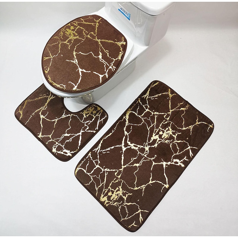 Black Marble Bath Mat Non-slip Bathroom Rugs Sets 3 Piece with Non-Slip Rug, Toilet Lid Cover and Bath Mat, Gold Bathroom Rugs and Mats Sets4