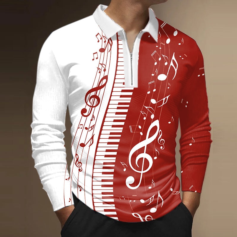 Music Festival Men's Music Zip Polo Shirts Golf Shirt Long Sleeve Polo Shirts Collared Shirts Casual Vacation Wear Festival Wear Party Outfits 3D Print Quarter Zip Polo Black Red Blue2