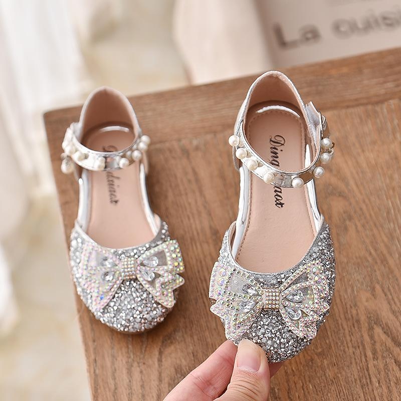 Girls' Heels Daily Glitters Dress Shoes Heel Glitter PU Cosplay Big Kids(7years +) Little Kids(4-7ys) Wedding Party Gift Walking Shoes Dancing Bowknot Pearl Buckle Silver Black Pink Spring Summer4