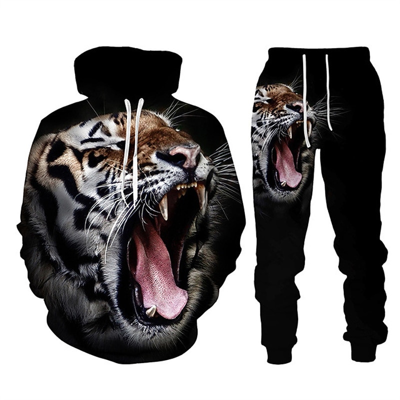 Men's Graphic Tiger 2pcs 3D Sweatshirt Sets Tracksuit Hoodies Long Sleeve Long pants Hooded Streetwear Designer Basic Sports & Outdoor Casual Sports Print Spring Fall Black Blue Purple