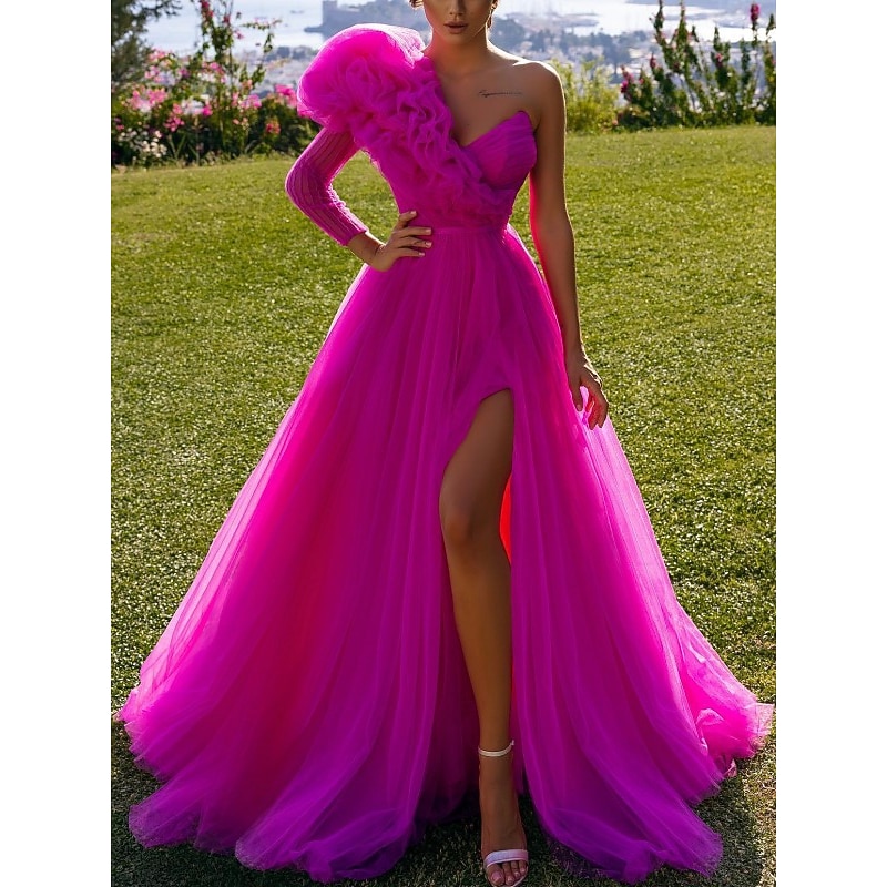 Ball Gown Prom Dresses Elegant Dress Prom Birthday Sweep / Brush Train Long Sleeve One Shoulder Tulle with Ruffles Slit Masquerade Dress