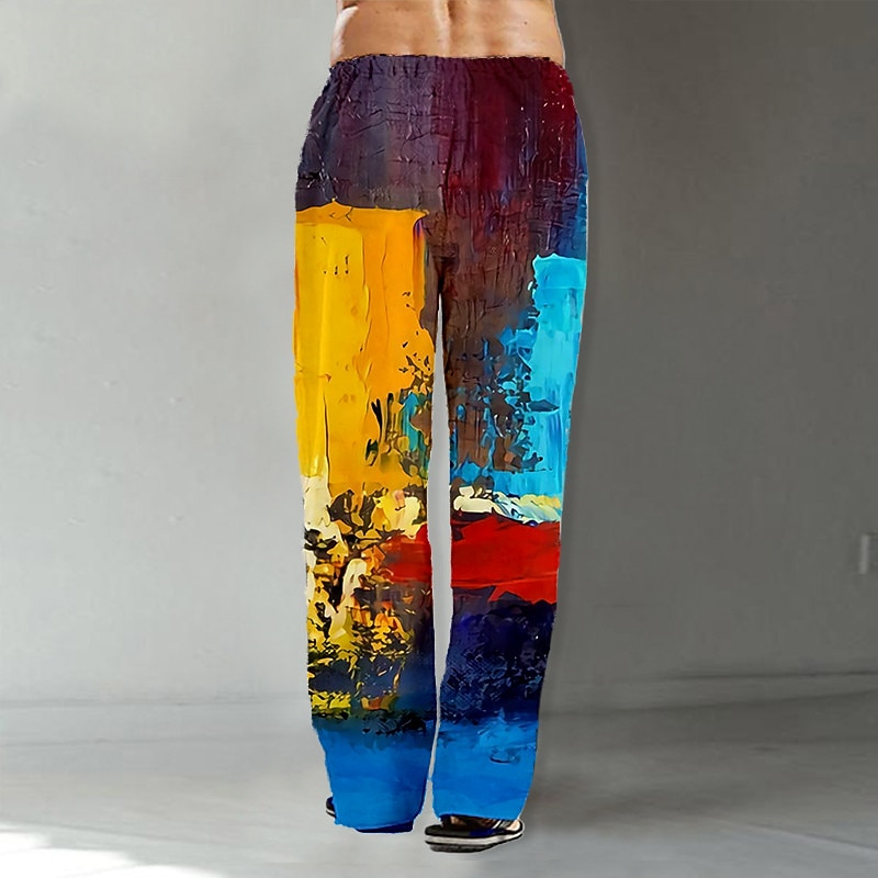 Men's Trousers Summer Pants Beach Pants Drawstring Elastic Waist Straight Leg Color Block Graphic Prints Comfort Casual Daily Holiday Streetwear Designer Yellow Blue3