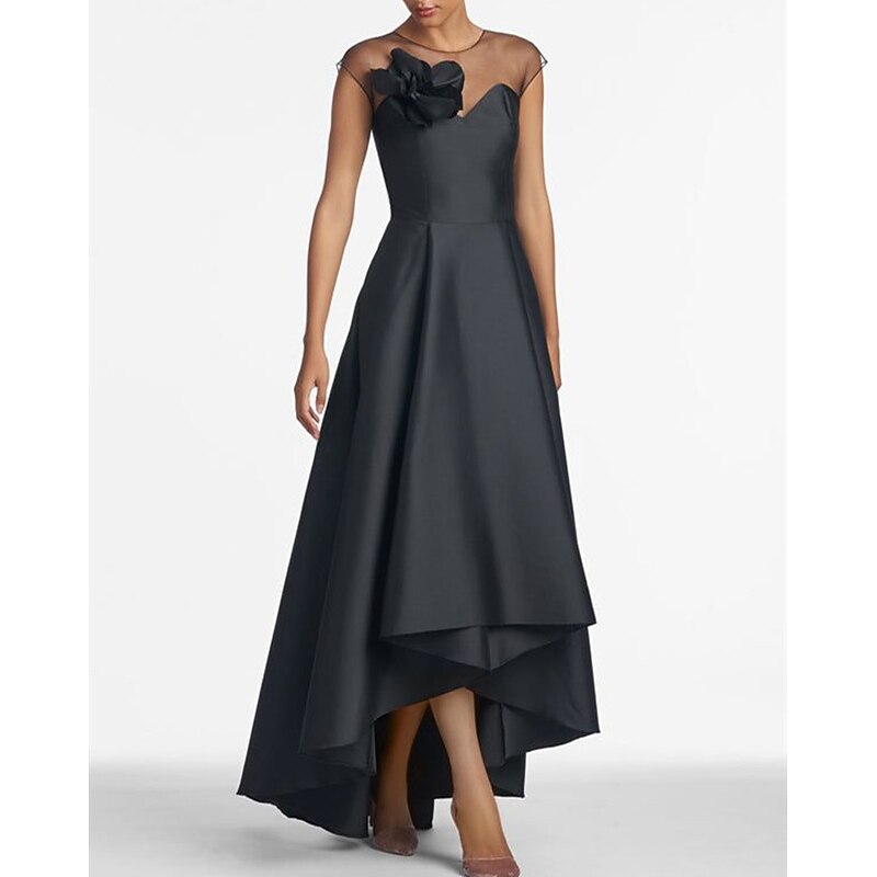 A-Line Mother of the Bride Wedding Guest Dresses Elegant Dress Wedding Guest Wedding Party Asymmetrical Sleeveless Jewel Neck Satin with Shouder Flower Dresses