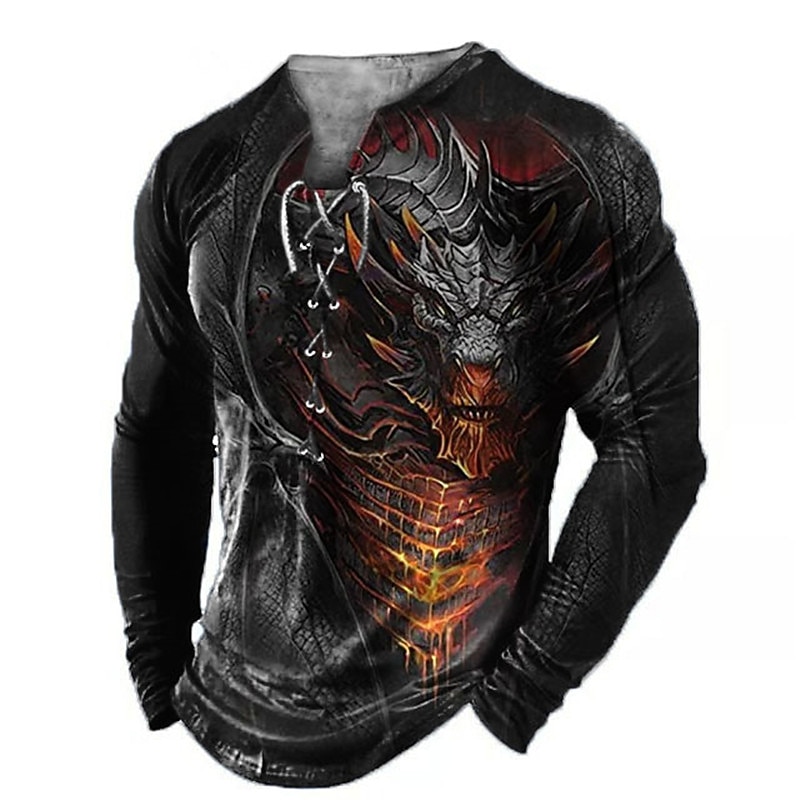 Dragon Gothic Mens 3D Shirt For Halloween | Black Winter Cotton | Men'S Tee Fashion Designer Comfortable Graphic Animal Long Sleeve Casual Daily Going Out Collar Spring &