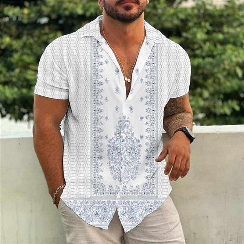 Men's Ethnic Shirt Boho Shirt Short Sleeve Tropical Fashion Hawaiian Casual Holiday Beach Summer Spring Turndown Print Button-Down Black Yellow Army Green Red Blue2