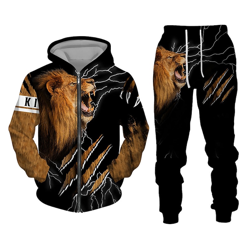 Men's Graphic Lion 2pcs 3D Sweatshirt Sets Hoodie Tracksuit Long Sleeve Long pants Hooded Streetwear Designer Basic Sports & Outdoor Casual Sports Zipper Spring Fall Black White Purple4