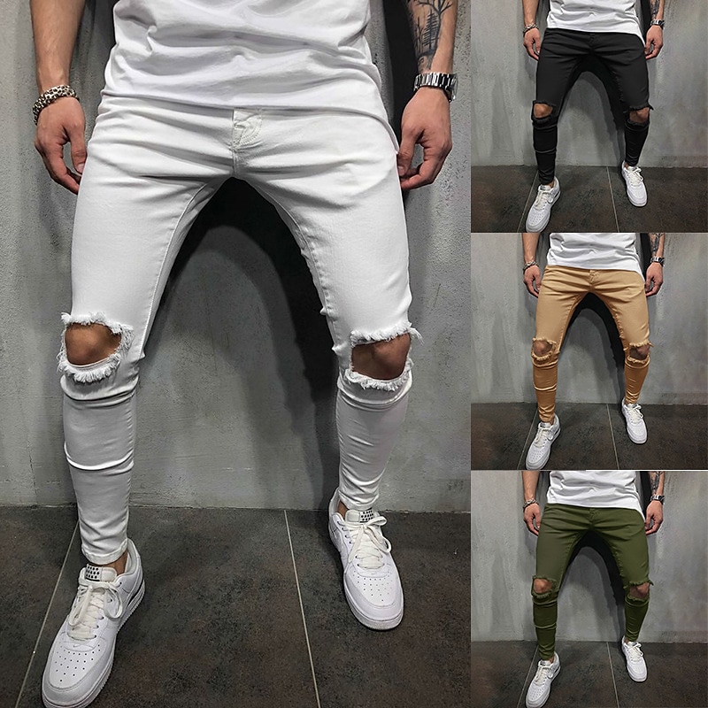 Men's Trousers Casual Pants Ripped Straight Leg Solid Colored Comfort Soft Outdoor Daily Streetwear Casual Black White Micro-elastic