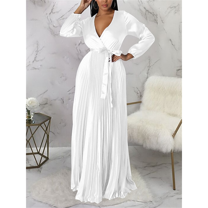 Women's Long Dress Maxi Dress Party Dress Sheath Dress Swing Dress Pure Color Fashion Romantic Party Wedding Guest Cocktail Party Pleated With Belt Long Sleeve V Neck Dress Regular Fit Black White2