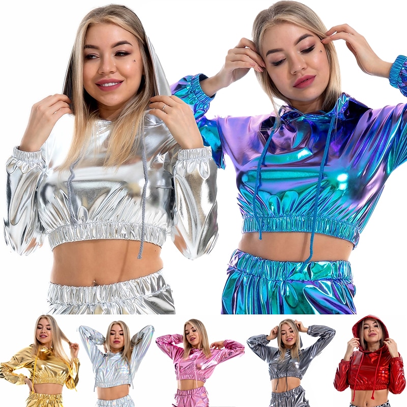 Hip-Hop Shiny 1980s Masquerade Hoodie Spicy Girls Crop Top Women's Carnival Costume Carnival Masquerade Bachelorette Party Pride Parade Pride Month Hoodie2