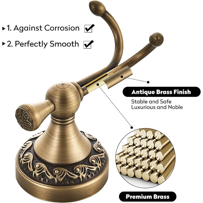 Robe Hook Antique Brass Retro Style Wall Mounted for Bathroom Double Hooks 1pc4