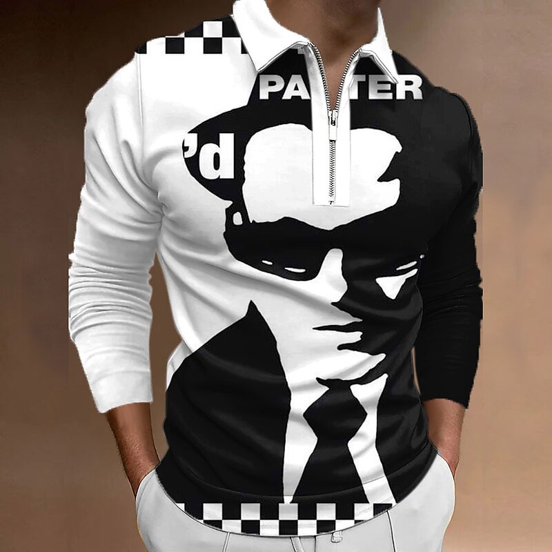 Music Festival Men's Plaid Music Zip Polo Shirts Golf Shirt Long Sleeve Polo Shirts Collared Shirts Casual Vacation Wear Festival Wear Party Outfits 3D Print Quarter Zip Polo A B C3