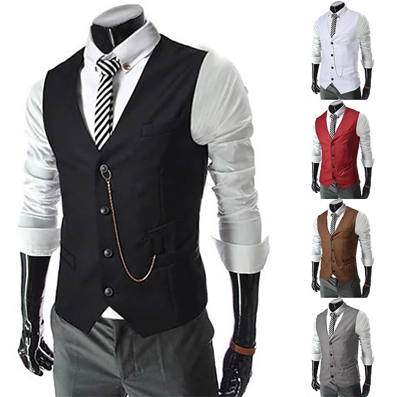 Men's Vest Suit Vest Gilet Wedding Business Causal Casual 1920s Smart Casual Polyester Solid Colored Single Breasted Shirt Collar Slim Black Red Light Grey Vest